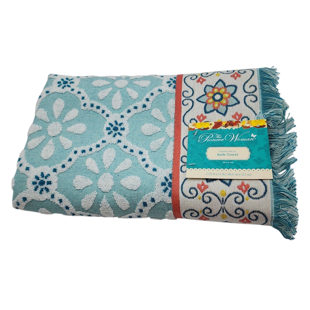 The Pioneer Woman Sculpted Trellis Mint‎ Cotton One Bath Towel Made In India